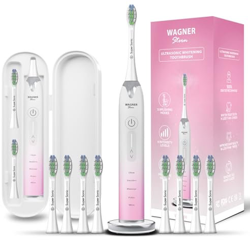 Wagner & Stern Ultraschall-Zahnbürste zum Aufhellen mit Drucksensor, 5 Bürstenmodi und 4 Intensitätsstufen mit 3D-Schieber, 8 weiche Bürstenköpfe, Premium-Reiseetui.