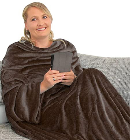 L.E.M.B. Hometrends Kuscheldecke mit Ärmeln TV Decke Sofadecke Ärmeldecke Wohndecke Fleecedecke Mikrofaser Strokkur 150 x 180 cm Dunkelbraun