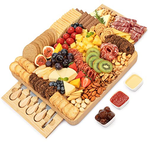 Ensemble de Planches à charcuterie – Planche à Fromage FamRica avec 2 tiroirs, Plateau à Fromage en Bambou – Cadeau Unique pour la fête des mères, Un Mariage, Une Pendaison de crémaillère, Un