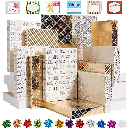 JOYIN 12 cajas de regalo para camisa de Navidad, 15 x 10 x 2 pulgadas, 6 diseños de pintura dorada, caja de regalo con tapa, base, lazos y etiquetas de regalo para envolver regalos, decoración