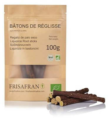 FRISAFRAN | Bâton de réglisse BIO 100g | cultivé directement par Frisafran | De Espagne | Réglisse | Bâton-Reglisse | Bonbon | bâton de reglisse bois à macher