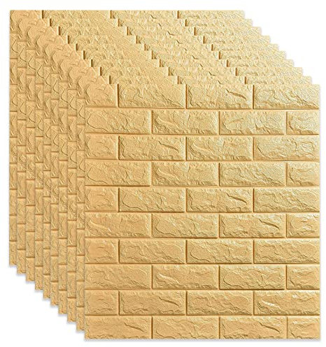 3D Ziegel Tapete, 10 Stück Selbstklebende Tapete, DIY Wasserdichte Gelb Ziegel Muster Wandaufkleber für Wohnzimmer Schlafzimmer, 77 x 70 cm (Gelb)