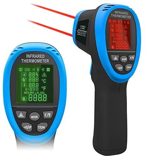 LYCEBELL Infrarot Thermometer 985E -50°C bis 800°C, Laser Temperaturmessgerät mit Doppellaser, Einstellbarer Emissionsgrad & 20 Datenspeicher – Berührungslos für Industrie, Pizzaofen, Küche (12h Akku)