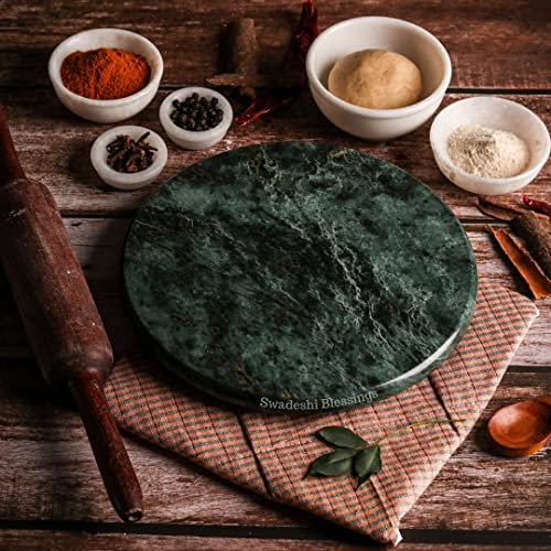 SWADESHI BLESSINGS Handgefertigter Vintage-Marmor-Chakla/indischer Roti-Maker/Brotbackmaschine/Marmorplatte für Chapatti/Marmor-Schneidebrett/Pizzamaker/Teigroller