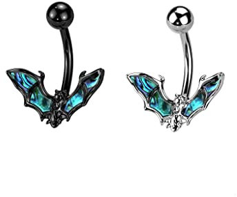 beyoutifulthings Bauch-nabelpiercing Set Fledermaus Abalone Schwarz Silber Nabel-Piercing Chirurgenstahl Bananabell Stab-länge 10-mm