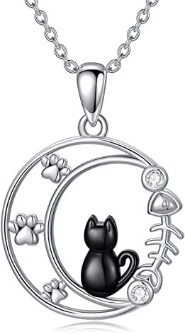 VONALA Sterling Silver Cute Cat Moon Pendant Necklace - Animal Jewellery Birthday Gift for Women & Girls Cat Lovers