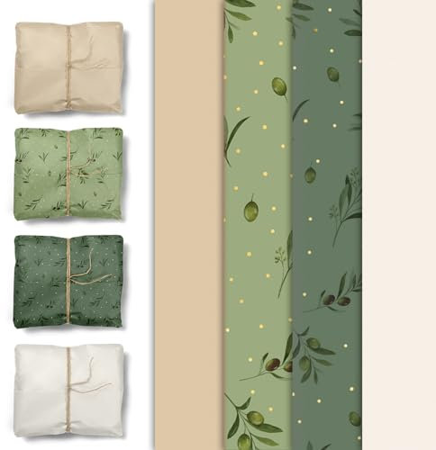 Aobkiat 24 Stück grün-braunes Geschenkpapier, 50.8x71.1 cm, Olivenblatt-Motiv, Seidenpapier für Geschenkverpackungen, grüne Boho-Hochzeitsdekorationen, DIY-Handwerk, Geschenkverpackung