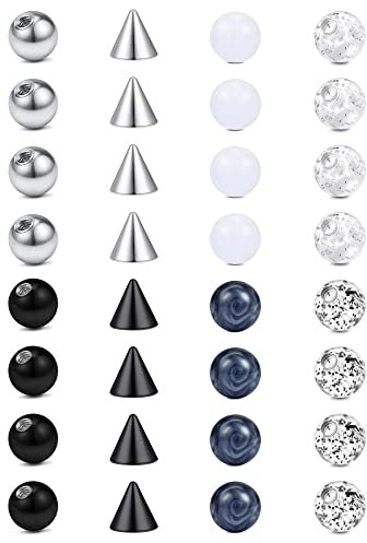 Rajnard Piercing Kugeln Ersatz 16G 3mm Ersatzkugeln für Lip Labret Stud Septum Ring Helix Tragus Augenbraue Rook Daith Piercing Schmuck Damen Herren 32 Stück Silber und Schwarz