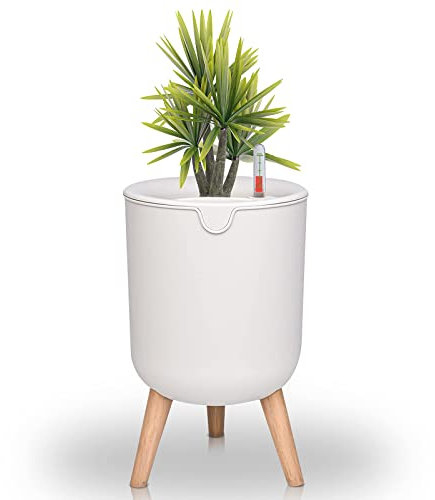 MissFox Selbstbewässerungstopf, Blumentopf Selbstbewässernd mit Füßen, 20cm Durchmesser, Blumentopf Weiß Gross mit Bewässerungssystem und Wasseranzeiger, Übertöpfe Plastik für Zimmerpflanzen