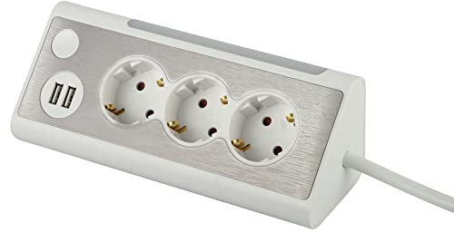 maxtrack Regleta de Mesa NV70-1,5 WL, 3 enchufes angulares, 2 Puertos de Carga USB e iluminación LED, Enchufe múltiple para casa con botón para encender y Apagar la iluminación LED, Cable de 1,5 m