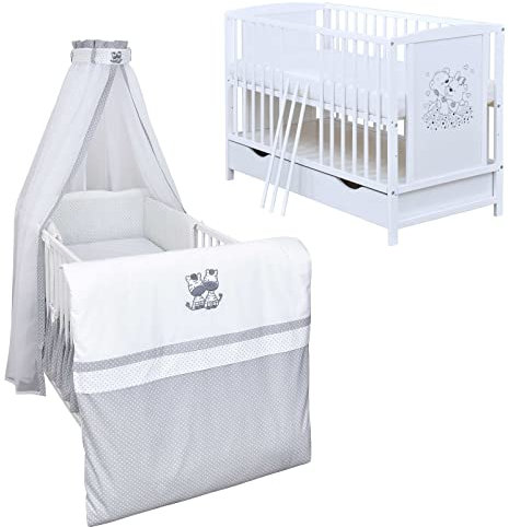 Generisch Baby Delux Babybett Komplett Set Mia umbaubar zum Juniorbett weiß 120x60 Matratze Schublade Schutzgitter Bettset Premium (Zebra)