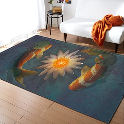 Chickwin 3D Tier Teppich Wohnzimmer Kurzflor Weiche rutschfeste Schlafzimmer Teppich Waschbar Teppiche für Kinderzimmer Spielzimmer Outdoor (120x160cm,Koi Blume)