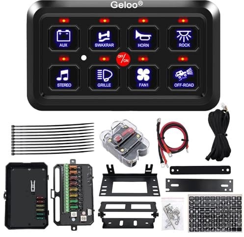 Geloo 8 Gang Schalter Panel Kit, 12V/24V Universal Circuit Control Relais System Touch Switch Box RGB Sieben Farben mit Automatischer Dimmbarer Kippschalter Panel für Auto LKW Wohnmobile Boot SUV