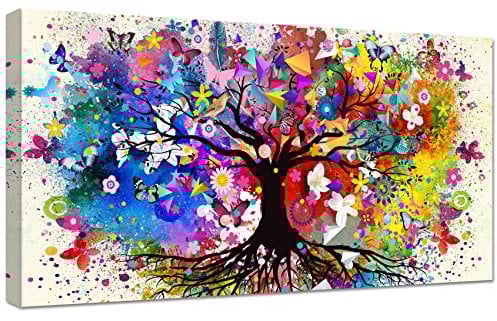 Arbre de vie coloré Cadre en bois Impression sur Toile Papillon Fleurs Tableau Affiche Decoration Murale Abstrait Peinture Image sur Toile Tableau Decoration Murale Salon Chambre Décorations 50x100cm