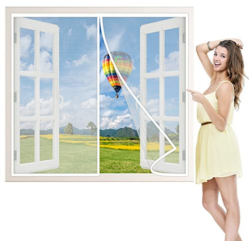 Zanzariera Magnetica per Finestre, 115x195 cm Tenda in Rete Resistente con Magneti, Gancio ed Anello per Telaio Completo, Parte Superiore Rinforzata Antistrappo, Bianca P