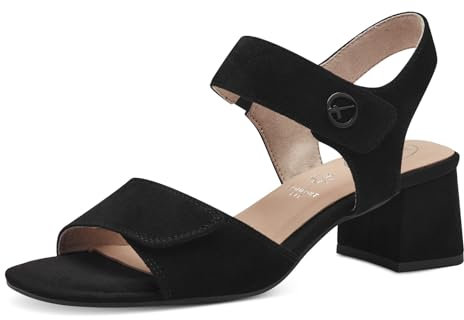 Tamaris Comfort Damen Sandalen mit Absatz aus Leder mit Klettverschluss, Schwarz (Black Suede), 36 EU