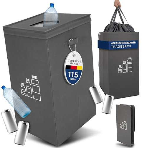 TOPP4u Flaschensammler Leergut 115 L - Pfandflaschen Sammelbehälter - Flaschen Organizer - Pfandbehälter - integrierte Tragetasche - grau