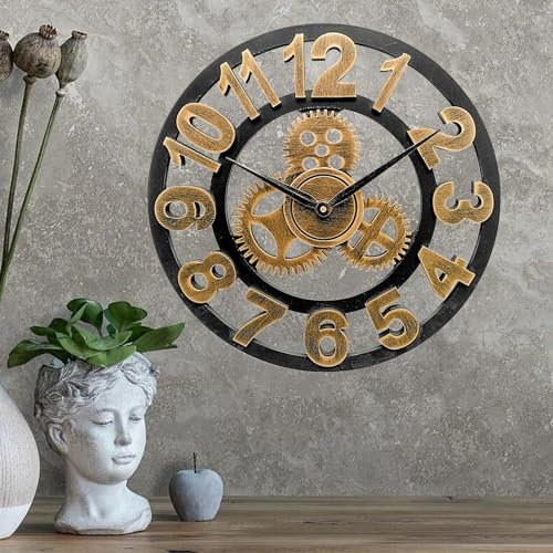 ALEENFOON Uhr Leise Wanduhren, 3D Gear Vintage Industrial Silent Nicht tickend Arabische Ziffern hängende Uhr für Wohnzimmer Küche Ohne Tickgeräusche Innenuhr (50CM, Arabic Numerals)