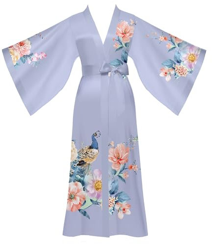 Kimono Satin Femme Robe de Chambre Femme Nuit Kimono Japonais Peignoir Satin Long Manche Longue (Violet paon)