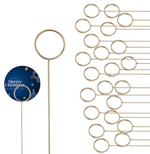 Amabro 40 Stück Blumen Fotohalter,Weihnachten Kartenhalter Kinder Gold,Tisch Hochzeit Tischkartenhalter Kartenaufsteller Sticker Pick Metalldraht Goldfarbener Foto Clip Halter Stick Ring Schlaufen
