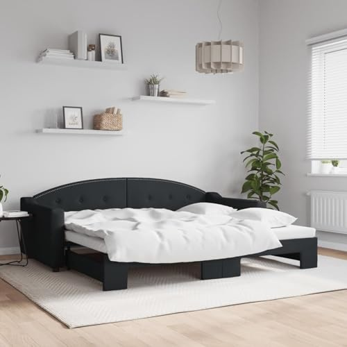 DJEKA Tagesbett Ausziehbar 90x200 cm Jugendbett 90x200 cm Bett Mit Ausziehbett Schwarz-14 Tagesbett 90x200 Ausziehbar Tagesbett aus Holz Tagesbettgestell Sofabett Schlafsofa Stoff