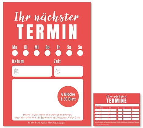Frank Paperman® | 300 x moderne Terminzettel | 12 x Terminblock à 50 Blatt | rot | 1 Termin pro Zettel | mit Stempelfeld | Stilvolle Terminkarten | Terminmanagement