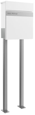 Briefkasten Manufaktur Design Standbriefkasten Kant Edition mit Zeitungsfach - Elegance 2 individuell mit Ihrem Namen - 120cm Edelstahl-Ständer (RAL 9016 verkehrsweiß)