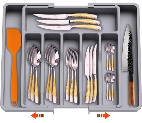 DAFFODILY® Organisateur de Tiroir Réglable pour la Cuisine - Rangement et Organisation de Cuisine, Rangement Cuisine, Idéal pour Vos Couverts de Table Range Couvert (Gris)