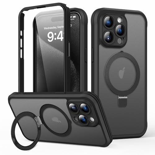 SKYLMW for iPhone 15 Pro Max Case with Invisible Magnetic Stand, Compatible with Mag-Safe Translucent Matte with Built-in Screen Protector, Shockproof Protective Phone Case for Women Men, Black