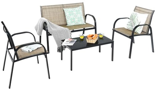 COSTWAY 4 TLG. Gartenmöbel Set, Terrassenmöbel mit Bank, 2 Stühlen & Couchtisch, Lounge Balkonmöbel Set Outdoor, Gartengarnitur für Terrassen, Balkon, Garten (Braun)