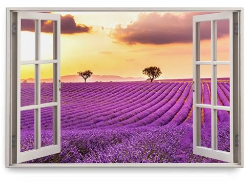 Paul Sinus Wandbild 120x80cm Fensterbild Lavendel Lavendelfeld Farbenfroh Sonnenuntergang