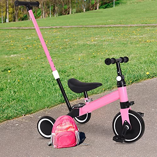 Vélo bébé - Tricycle bébé avec Barre de poussée pour 1 à 3 Ans, Garçons, Filles, Tout-Petits, Tricycle, Vélo D'équilibre pour Bébé, Siège et Poignée - Canne Parentale-3-en-1 (Rose)