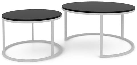 GREKPOL Couchtisch 2er Set - Runde Couchtische 48x70 + 42x50 cm - Rund Couchtisch Weiß mit Schwarz Matt - Coffee Table - Kafeetisch
