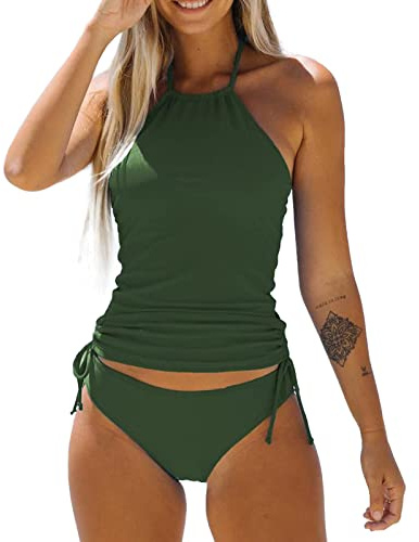 Two Piece Tankini Swimsuit for Women High Neck Tankini Top with Bikini Bottom Tummy Control Bathing Suits Beachwear (Green, L)