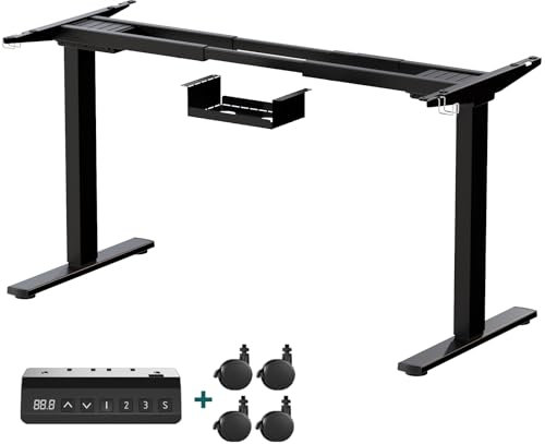 Devoko Estructura de Escritorio Regulable en Altura 73-120cm con 2 Motores Potentes Marco de Escritorio de pie con 3 Botones de Memoria y Ruedas, Ganchos, Caja de Gestión de Cables Negro