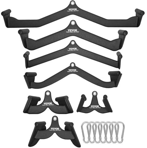 VEVOR LAT Pulldown Attachments, Cable Machine Rowing T-bar V-bar 7 Set, Tricep Pull Down Bar, Back Strength Training Rubber Coated Handle Grip, Bicep Curl Tricep Lat Pulldown Bar for Home Gym Fitness