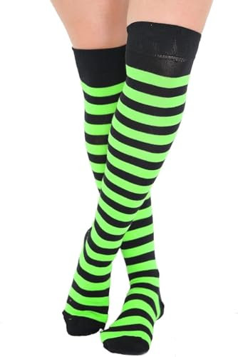 COSHAL® 1 Women's Long Striped Socks Ladies Stripe over the Knee Sock's Girls Womens Over The Knee Stockings Leg Warmer Socks Xmas Party Sock Size 4-6 Black & Green OTK