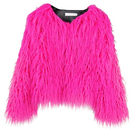 FM2018XSL Chaqueta de Piel Sintética Mujer Frente Abierto Abrigo Invierno Cálido Corta Chaqueta Peluda Mujer Fiesta Cocktail,L,rosa roja