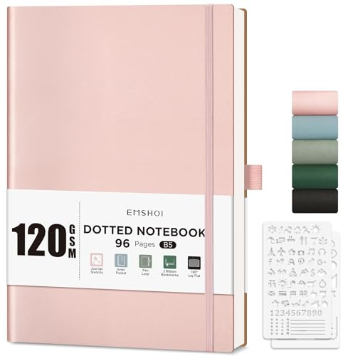 EMSHOI Gepunktetes Notizbuch B5 - 120 g/m² dickes Papier, 19,5 x 25,5 cm großes Punktraster-Notizbuch für Bullet Journaling mit 96 Seiten, weiches Leder, Journal-Schablonen, Innentasche, Roségold