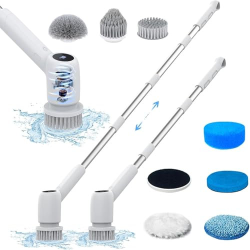 Rebongki Electric Cleaning Brush, Cordless Electric Spin Scrubber with Adjustable Long Handle, IPX7 Waterproof Power Scrubber with 2 Speeds, 8 Brush Heads, Cleaning Tool for Tub Bathroom Shower Floor