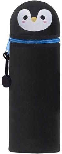 QRKPVHD Kawaii Federmäppchen, mäppchen, 2-in-1 Weiche Silikontasche, Federmäppchen, Stand Up Federmäppchen, Tier Stifthalter, Stifthalter Bleistifttasche Mädchen Junge (Schwarzer Pinguin)