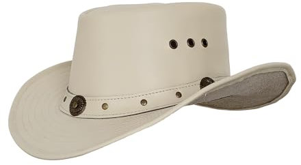 Fine Motto Unisex Westernhut aus echtem Leder, breite Krempe, Vintage-Band, langlebig, australischer Outback-Hut, Beige Weiß, S