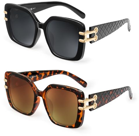 JM 2er Pack Vintage Oversized Square polarisierte Sonnenbrille für Frauen,Retro Luxus große Sonnenbrille UV400 (Schwarz&Tortoise)
