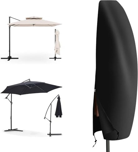 PATIO PLUS Housse de protection pour parasol déporté de jardin, tissu Oxford 600D imperméable, revêtement durable doublé en PVC, avec cordon de serrage réglable et fermeture éclair (noir, 205 x 25/57