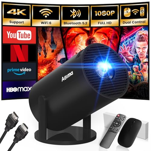 [App Intégrée] Mini Vidéoprojecteur 1080P 4K Supporte Mini Projecteur Portable, Dual Contrôle avec Souris Android TV WiFi 6 BT5.2 180° Rotation HDMI/TV Stick/USB/PS5/Laptop, avec HDMI et Souris, Noir
