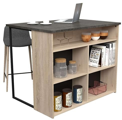 Isla de Cocina Arko Estilo Industrial en Color Roble Áspero y Negro con 5 Huecos de Almacenamiento 109x90x80 cm