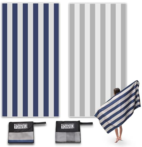 2 Pack Microfibre Beach Towels for Adults, 180 × 90 cm Quick Dry Beach Towel with Double Side Print, Lightweight Beach Towel with Net Bag, Sand Free Microfiber Towels (Stripe Blue and Grey)
