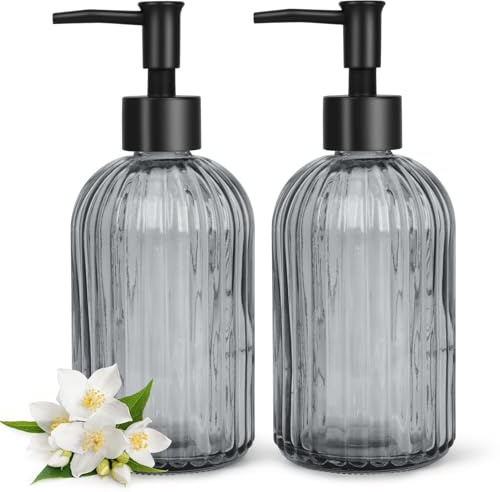 AstraLoom Seifenspender Grau 2er Set 400 ml - Spülmittelspender aus Borosilikatglas für Bad & Küche, Nachfüllbar