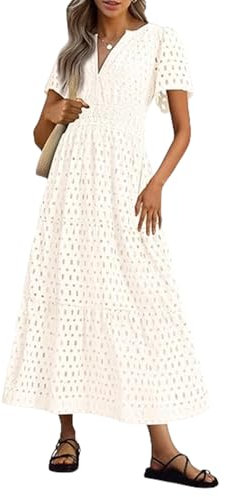 Summer Maxi Dresses for Women UK Wedding Guest Dress Short Sleeve Casual Boho V Neck Hollow Out Eyelet Ruffle Swing A Line Cotton Long Flowy Beach Vacation Evening Dresses White