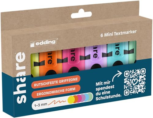 share mini Textmarker – 6er Set – in Pastell- & Neonfarben – Keilspitze 1-3mm – ergonomische Griffzone zum schnellen Markieren von Texten, Notizen, Schulheften – nachfüllbar, recyclebares Material